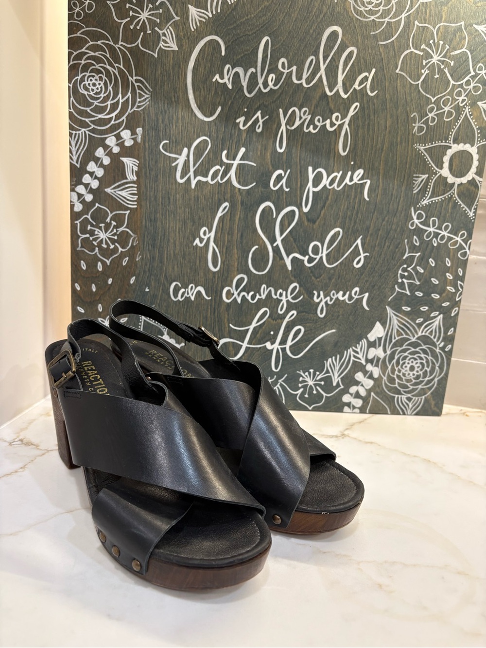 Kenneth Cole Black Leather Wedge Sandals with Wood-Look Heel